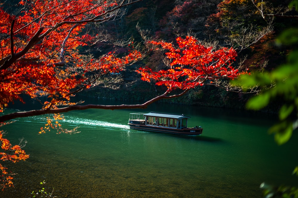 a boat traveling down a river surrounded by trees