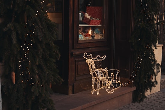 A festive storefront is adorned with pine garlands and small golden lights. An illuminated reindeer decoration is placed at the entrance, with a window display featuring wrapped gifts and ornaments.