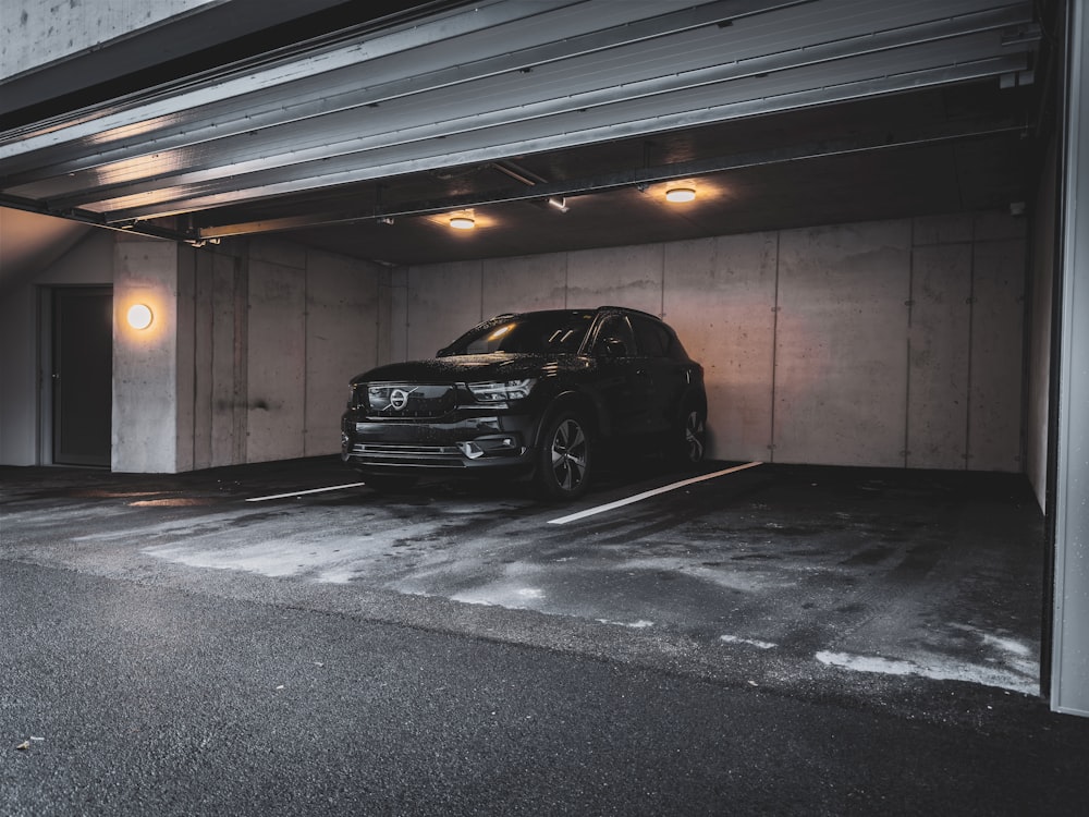 a car is parked in a parking garage