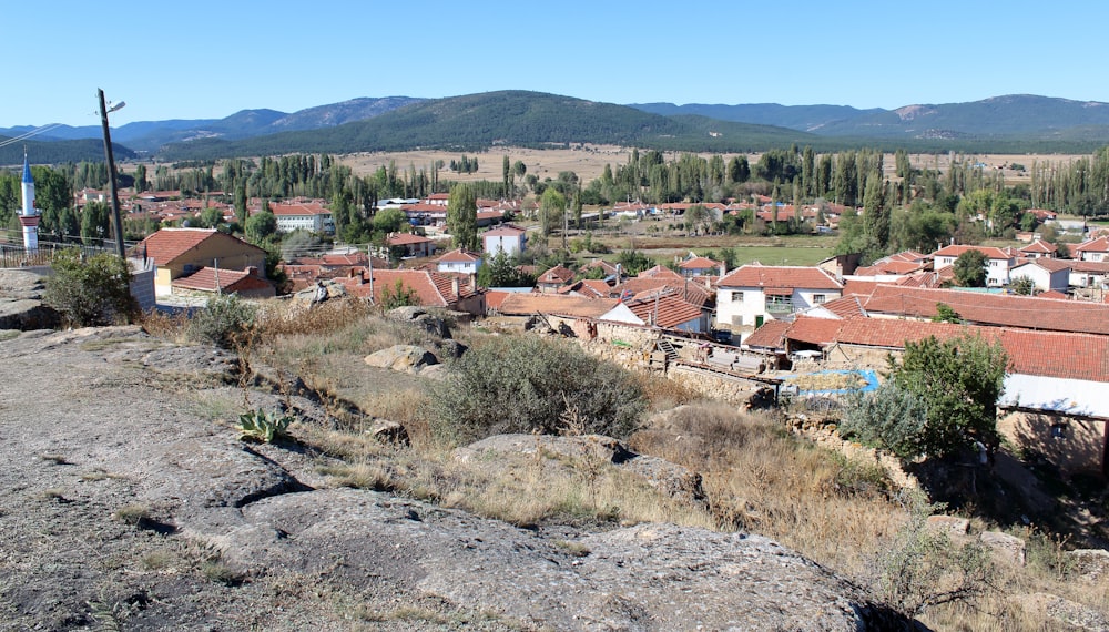 a view of a small village in the mountains