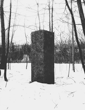 A towering obsidian-like black monolith standing cold and silent against a deep charcoal background.