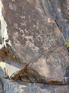 Petroglyphs etched on a large rock face, depicting animals and abstract geometric shapes. The carvings are worn and weathered, suggesting antiquity and exposure to natural elements over time.