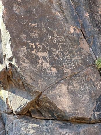 Petroglyphs etched on a large rock face, depicting animals and abstract geometric shapes. The carvings are worn and weathered, suggesting antiquity and exposure to natural elements over time.