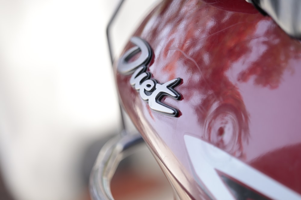 a close up view of a red motorcycle