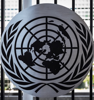 the united nations emblem is on display in front of a window