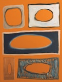 An abstract painting featuring five distinct ovals within rectangle shapes, varying in color and texture. The background is a bold orange hue, and the rectangles contain shades of gray, blue, and light cream. The ovals are central within each rectangle, adding a fluid contrast to the geometric framing.