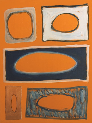 An abstract painting featuring five distinct ovals within rectangle shapes, varying in color and texture. The background is a bold orange hue, and the rectangles contain shades of gray, blue, and light cream. The ovals are central within each rectangle, adding a fluid contrast to the geometric framing.