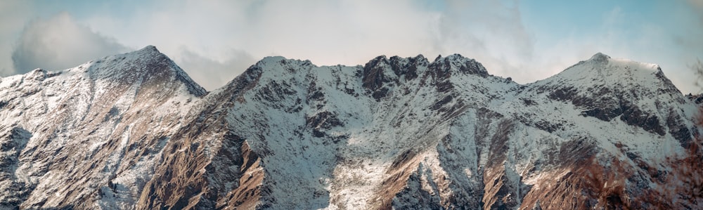 a snow covered mountain range under a cloudy sky