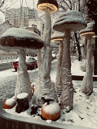 Large mushroom sculptures covered in snow are set in an urban environment with buildings in the background and cars parked along the street. The ground is blanketed with snow, and the streetlights create a cozy, warm glow under the mushroom caps.