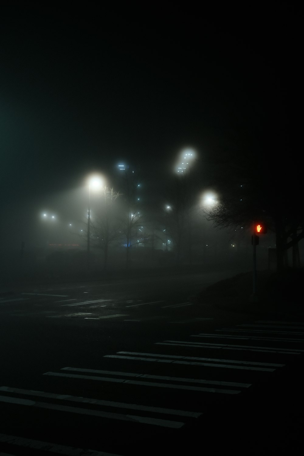 a foggy night with street lights and street signs