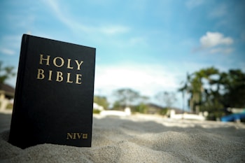 A black Holy Bible with gold lettering rests upright on sandy terrain. The background features a slightly blurred landscape with greenery and a blue sky containing a few clouds.