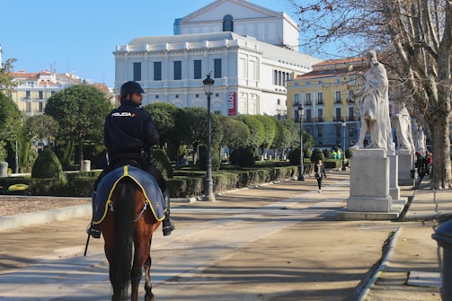 A police officer on horseback patrols a park with neatly trimmed hedges and a statue-lined walkway. In the background, a grand neoclassical building stands under a clear blue sky, with additional buildings visible beyond.