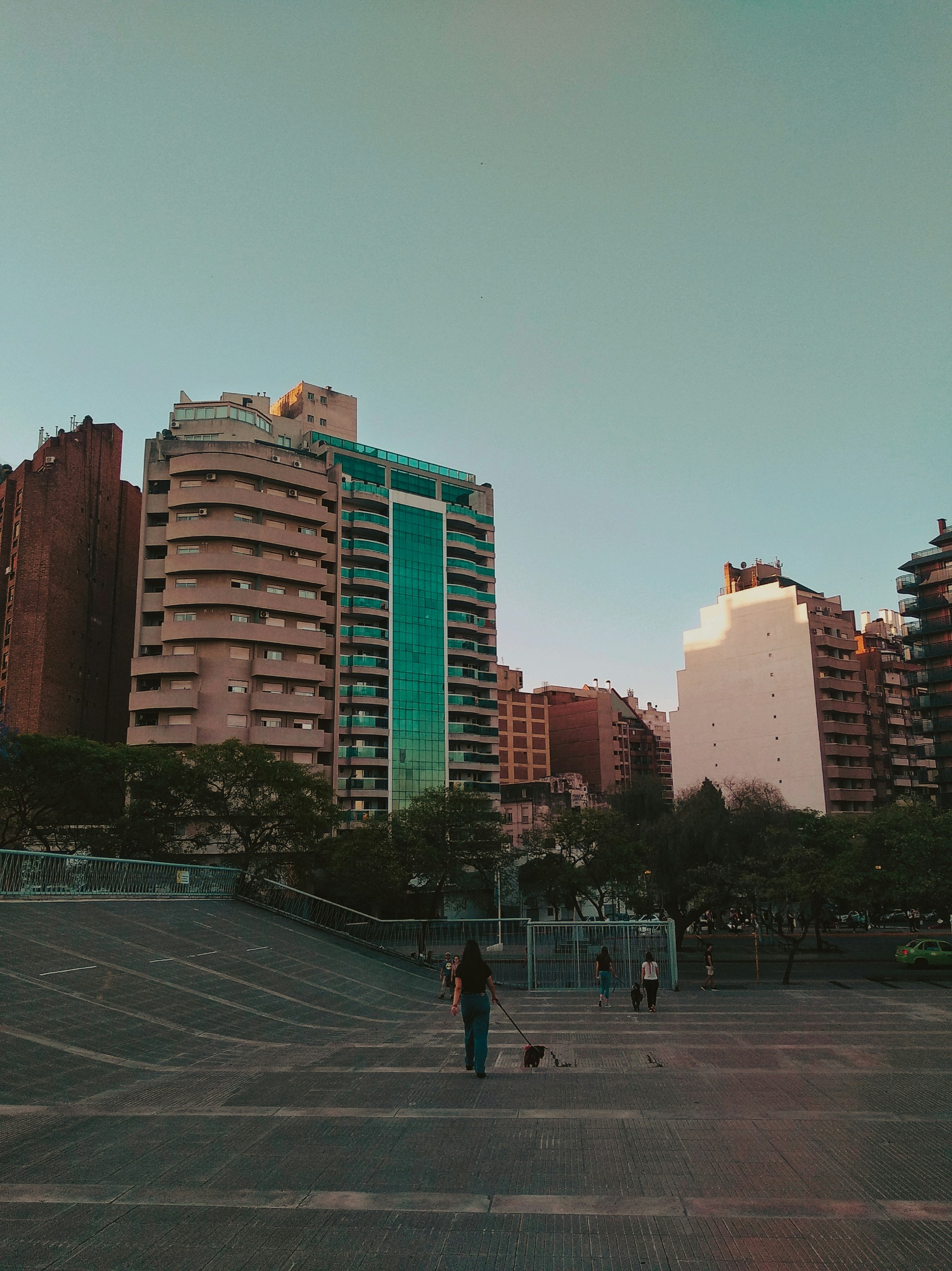 a person walking a dog in a parking lot