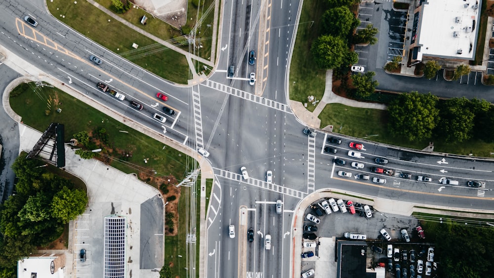 an aerial view of a busy intersection in a city