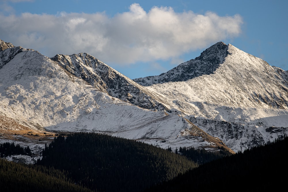 a mountain range covered in snow under a cloudy sky