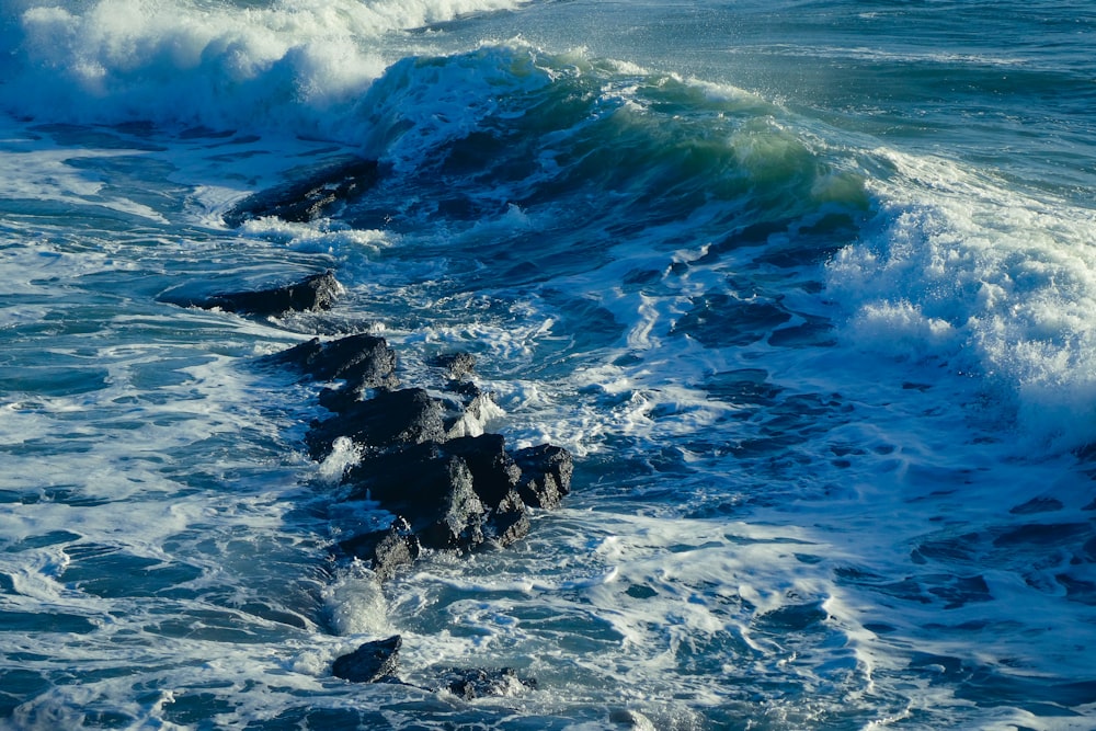 a large body of water next to a rocky shore