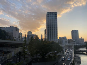 Ambato cityscape with modern buildings and busy streets at sunset