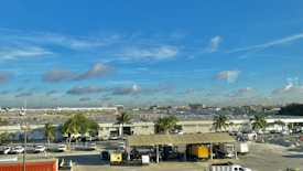 A busy airport scene featuring a tarmac and several buildings, with numerous palm trees interspersed. Many vehicles are parked or moving around the area, and a large passenger airplane is visible on the runway, with a partly cloudy sky overhead.
