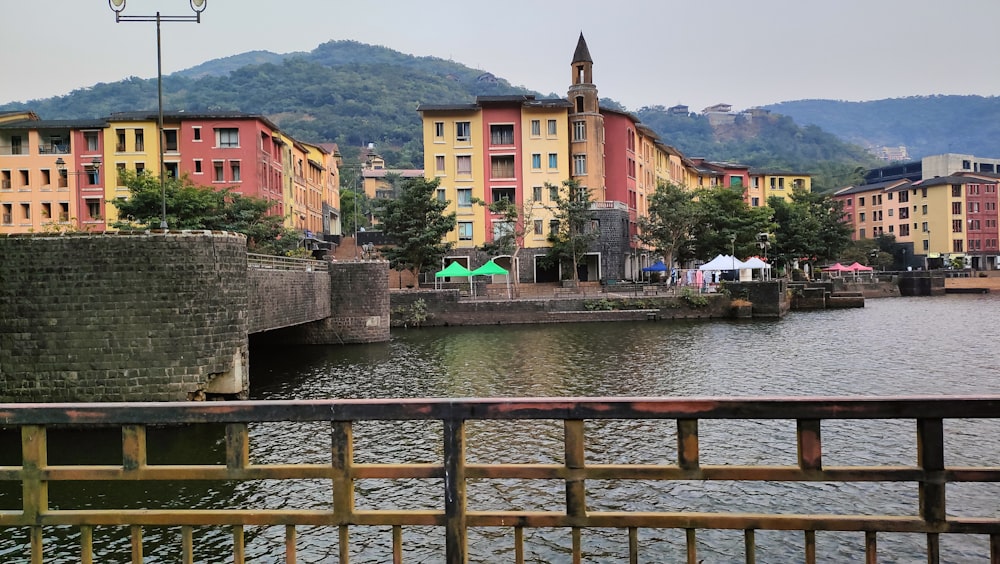 a body of water with buildings in the background