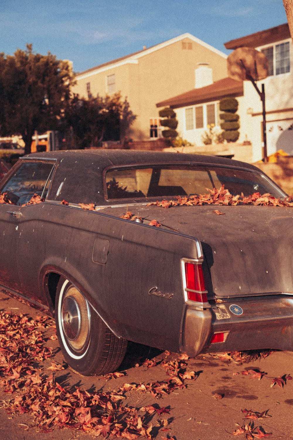 an old car is parked in a pile of leaves