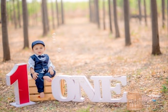 A young child dressed in a navy blue suit with a bow tie and cap is sitting on a wooden crate in a forested area, surrounded by trees. Large letters on the ground spell out the word 'ONE' with a red number one in front. Bubbles are floating around, and two decorative birdcages are gently placed nearby.