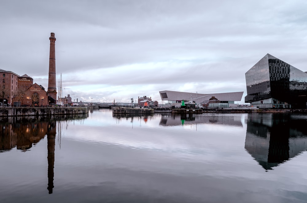 a body of water with buildings in the background