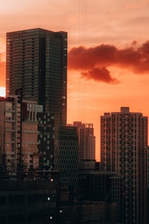 a view of a city skyline at sunset