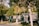 Several people wearing green uniforms and orange hats are cleaning a park area. They appear to be using brooms and bags to gather fallen leaves. The park is lush with trees and greenery, and the sunlight casts dappled shadows on the ground.
