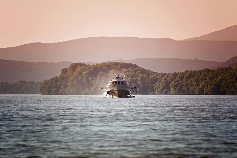 a boat traveling on a lake near a forest