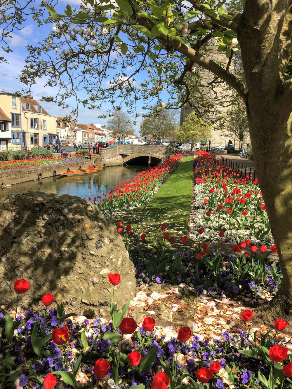 a park with flowers and a bridge in the background