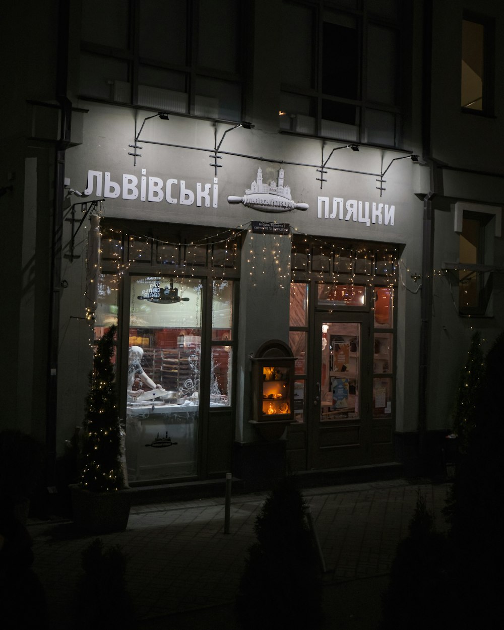 a store front at night with christmas lights on the windows