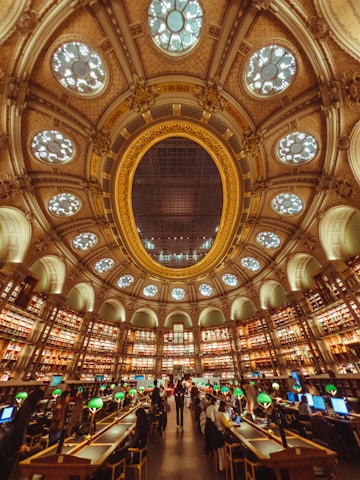 A vibrant 360-degree view of a cozy school library filled with students.
