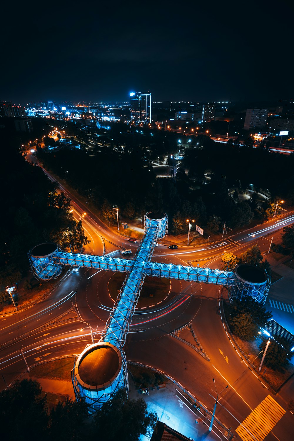 an aerial view of a city at night