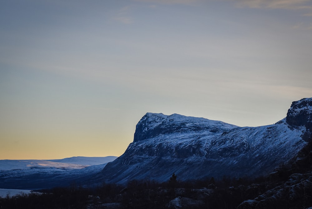 a snow covered mountain with trees and a sky background