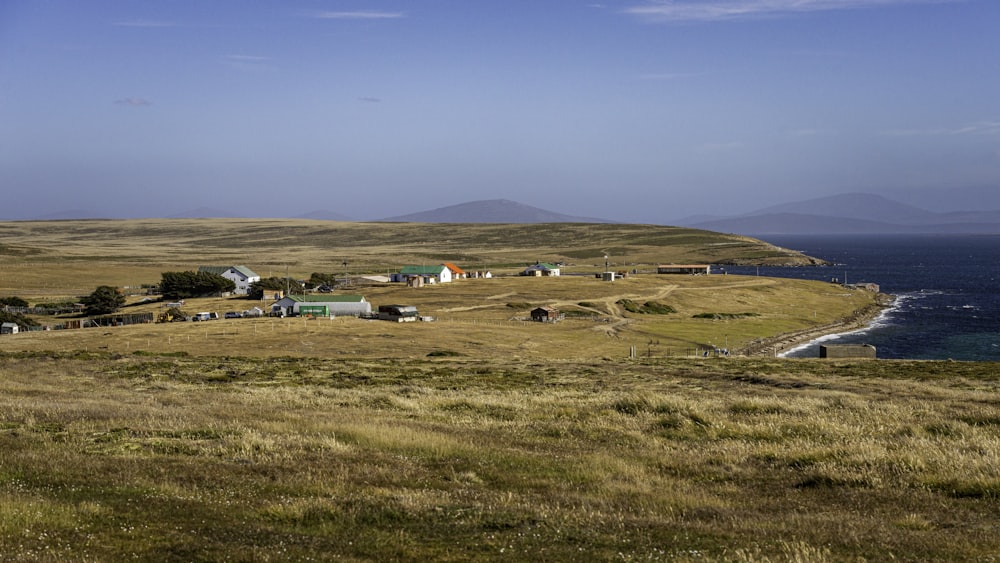 a grassy field with houses and a body of water in the distance