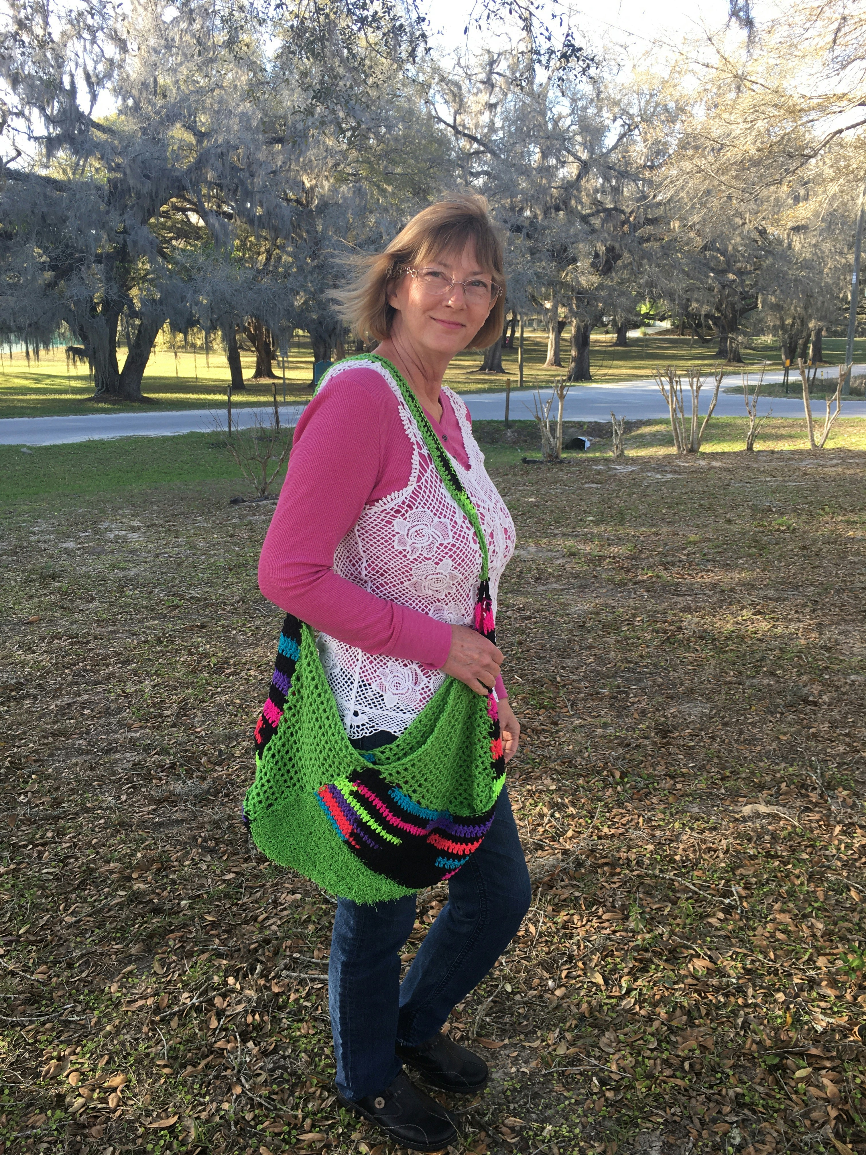 Crochet mini bag styled with outfit, natural cotton yarn, summer aesthetic