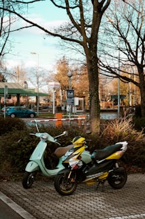 Two scooters are parked side by side in a corner of what appears to be a parking lot, surrounded by bare trees and shrubs. The sky is clear with a hint of clouds, and a train station or transport hub can be seen in the background with signs and a parked car. The area gives off an urban, yet serene vibe.