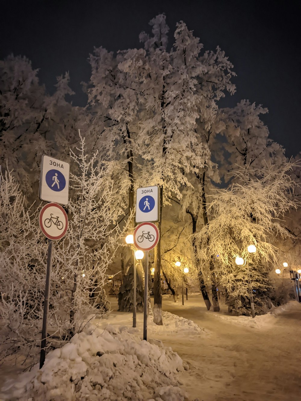 a couple of signs that are in the snow