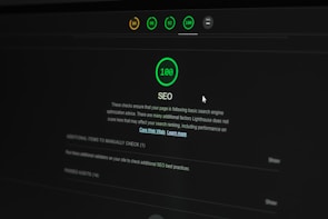 A dark-themed web interface displays an SEO performance score of 100. Multiple indicators at the top show different scores in circular icons. Text below explains the significance of the SEO score and offers additional actions to improve website optimization. A cursor is partially visible.