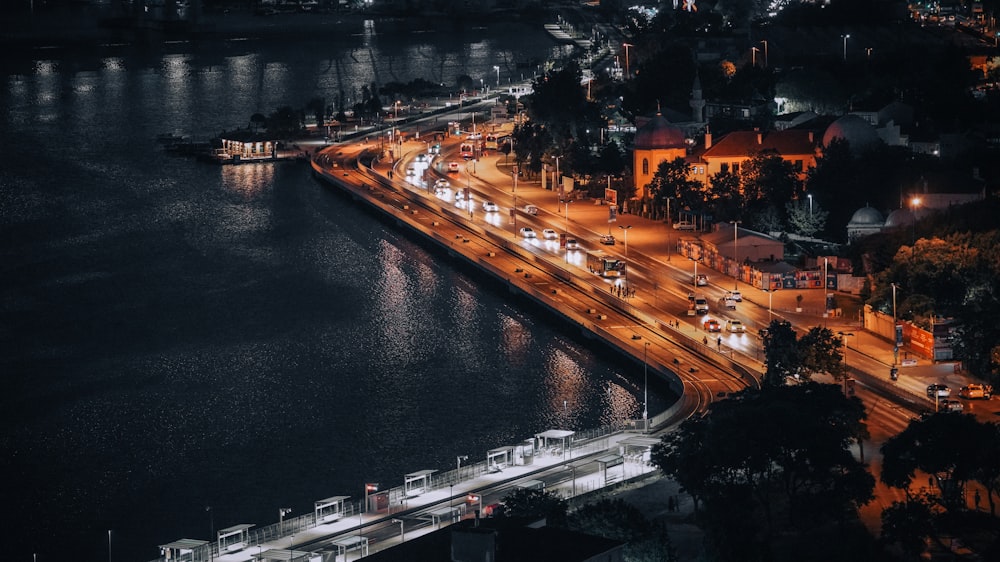 an aerial view of a city at night