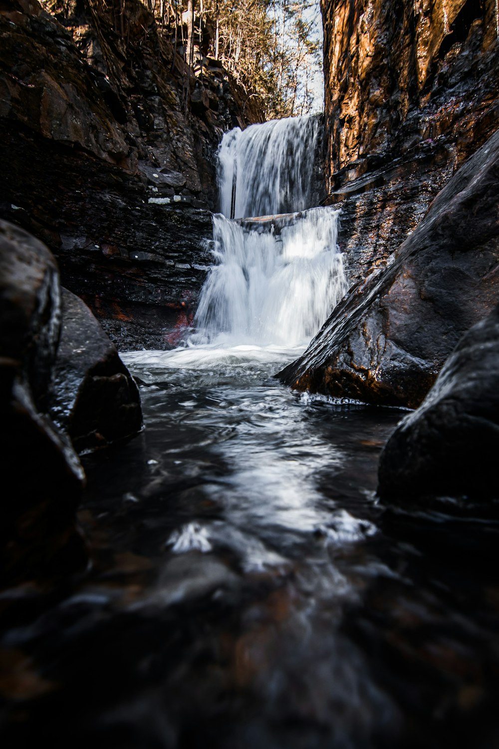 a small waterfall in the middle of a forest