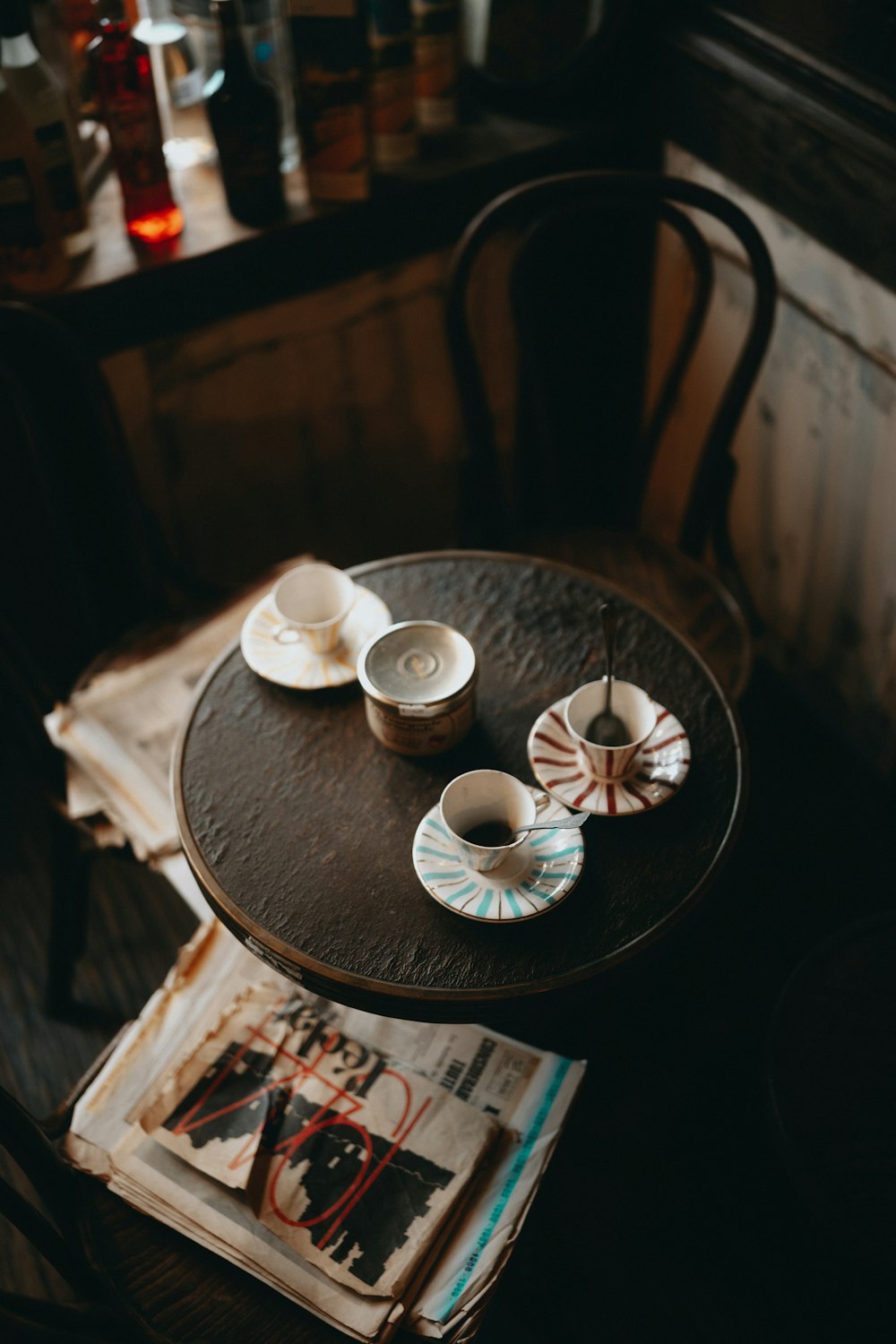 a table with two cups and saucers on it