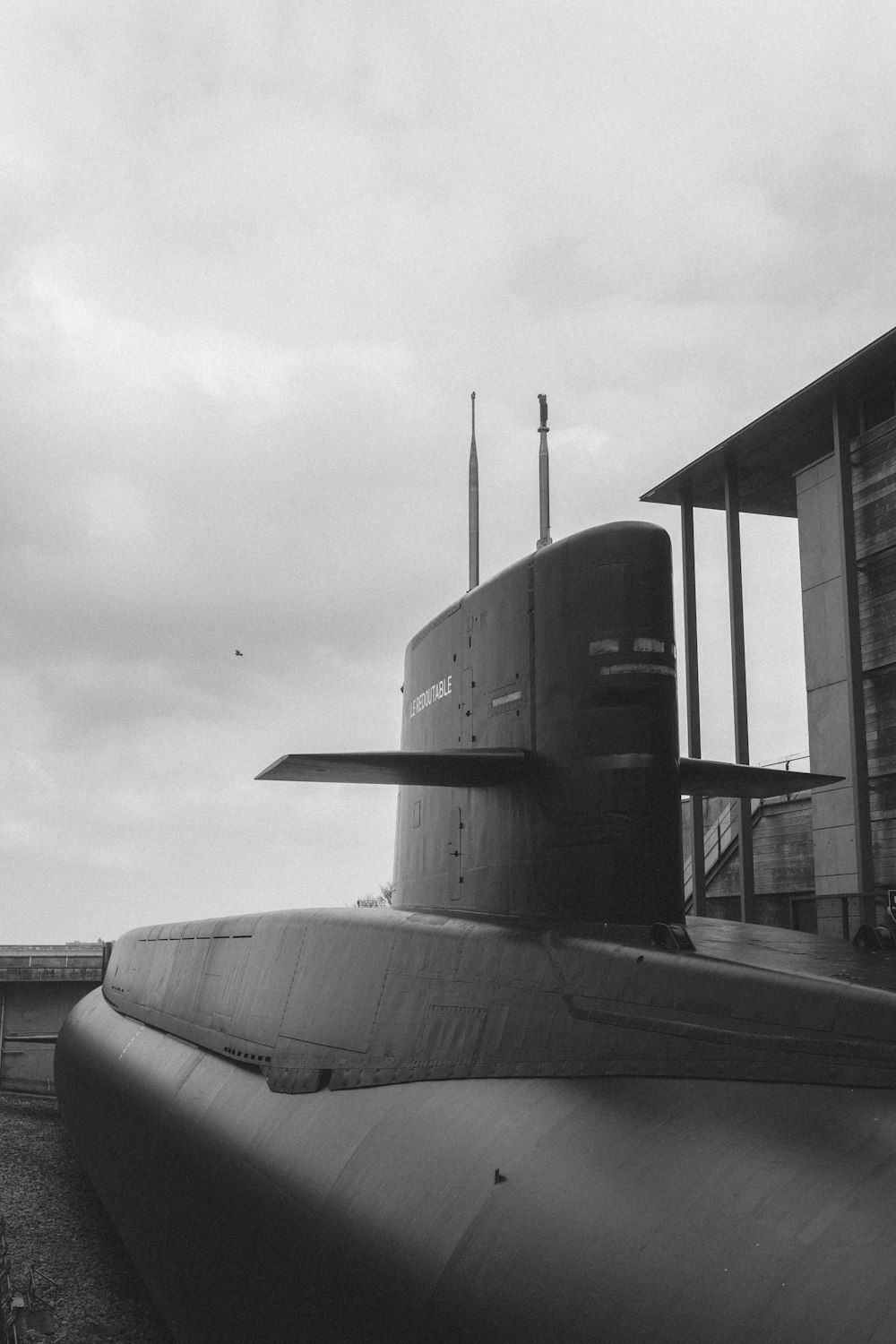 a black and white photo of a submarine