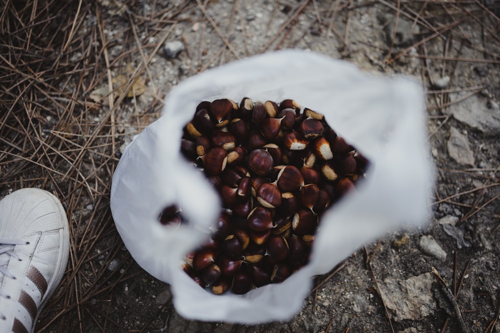 a bag full of nuts sitting on the ground