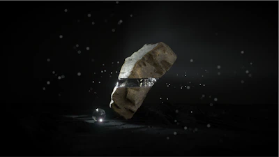 A glowing amethyst crystal floating above an ancient alien artifact.