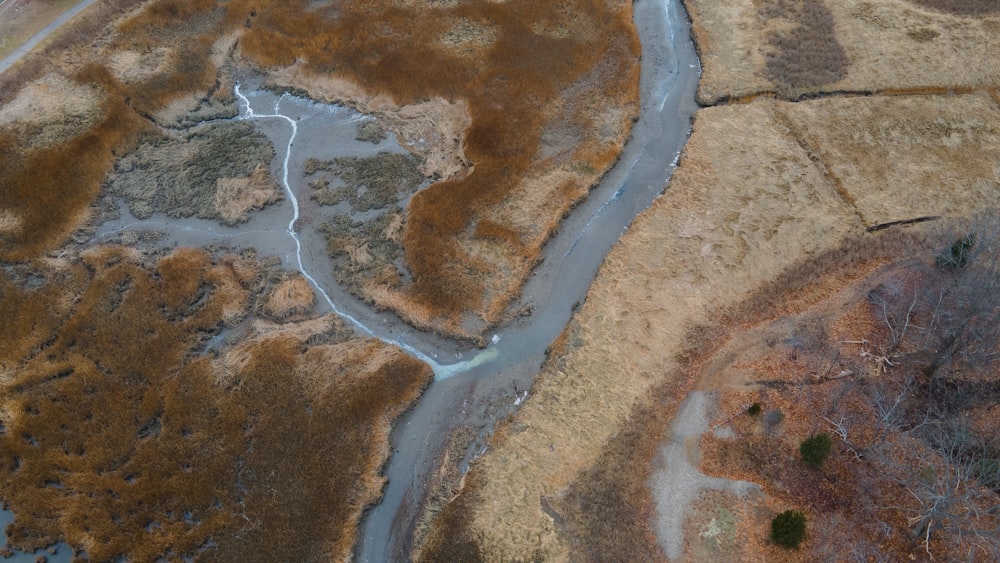 an aerial view of a river running through a dry landscape