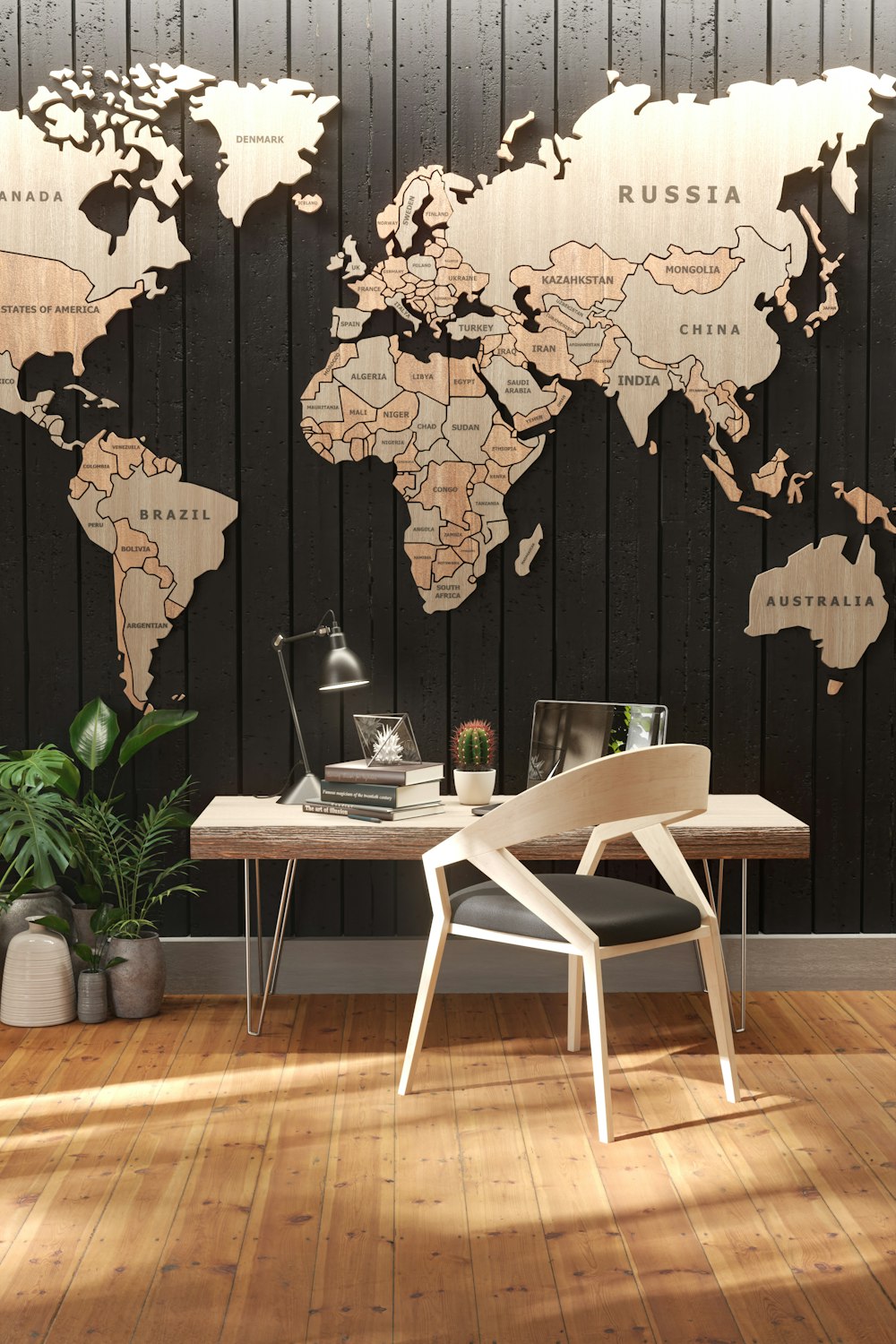a room with a desk and a world map on the wall