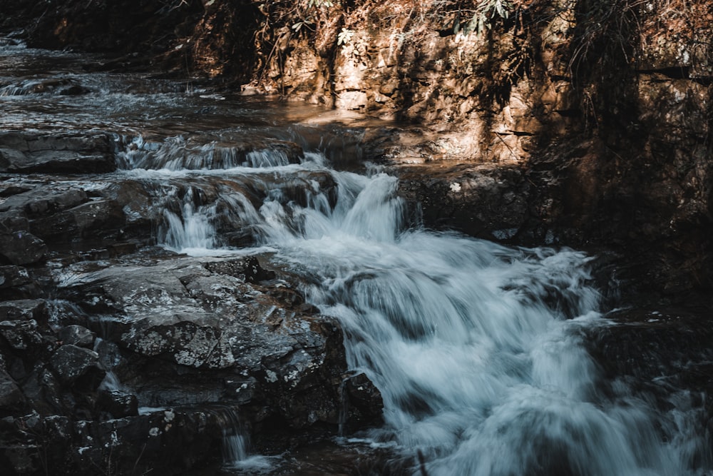 a stream of water running over rocks in a forest