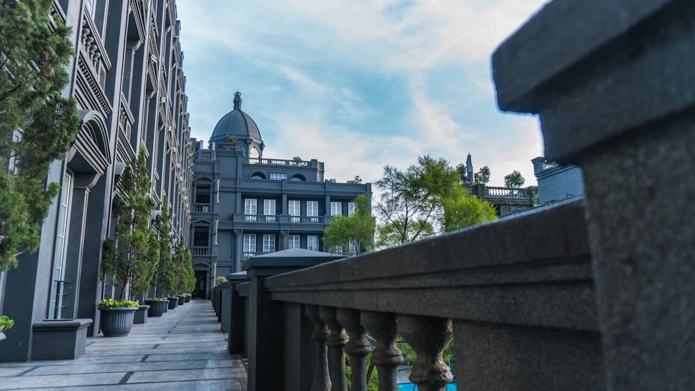 a view of a building from a balcony