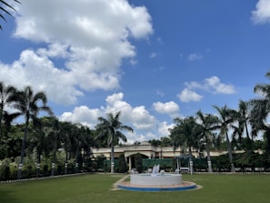 A landscaped garden features a row of tall palm trees against a vibrant blue sky with scattered white clouds. In the foreground, a circular fountain or structure is placed on a well-maintained green lawn. A building with architectural details is partially visible behind the trees.
